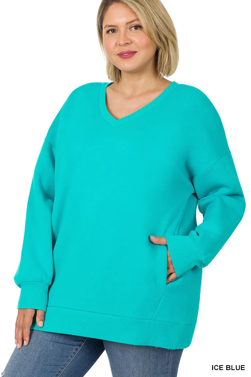 Plus Size Basic Relaxed Long Sleeve V-Neck Sweatshirts w/Side Pockets