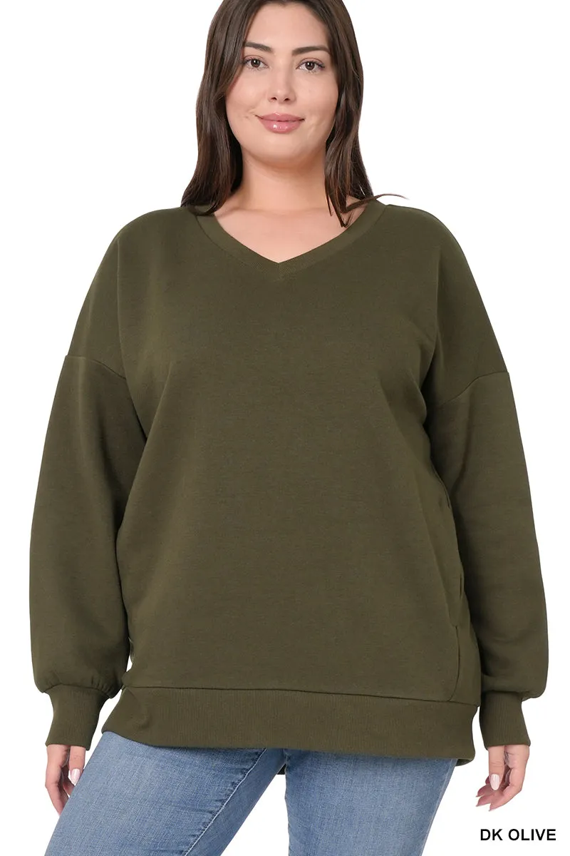 Plus Size Basic Relaxed Long Sleeve V-Neck Sweatshirts w/Side Pockets