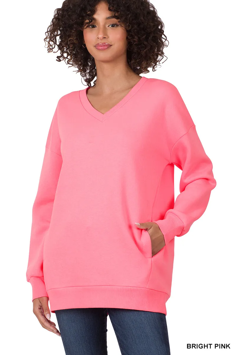 Plus Size Basic Relaxed Long Sleeve V-Neck Sweatshirts w/Side Pockets