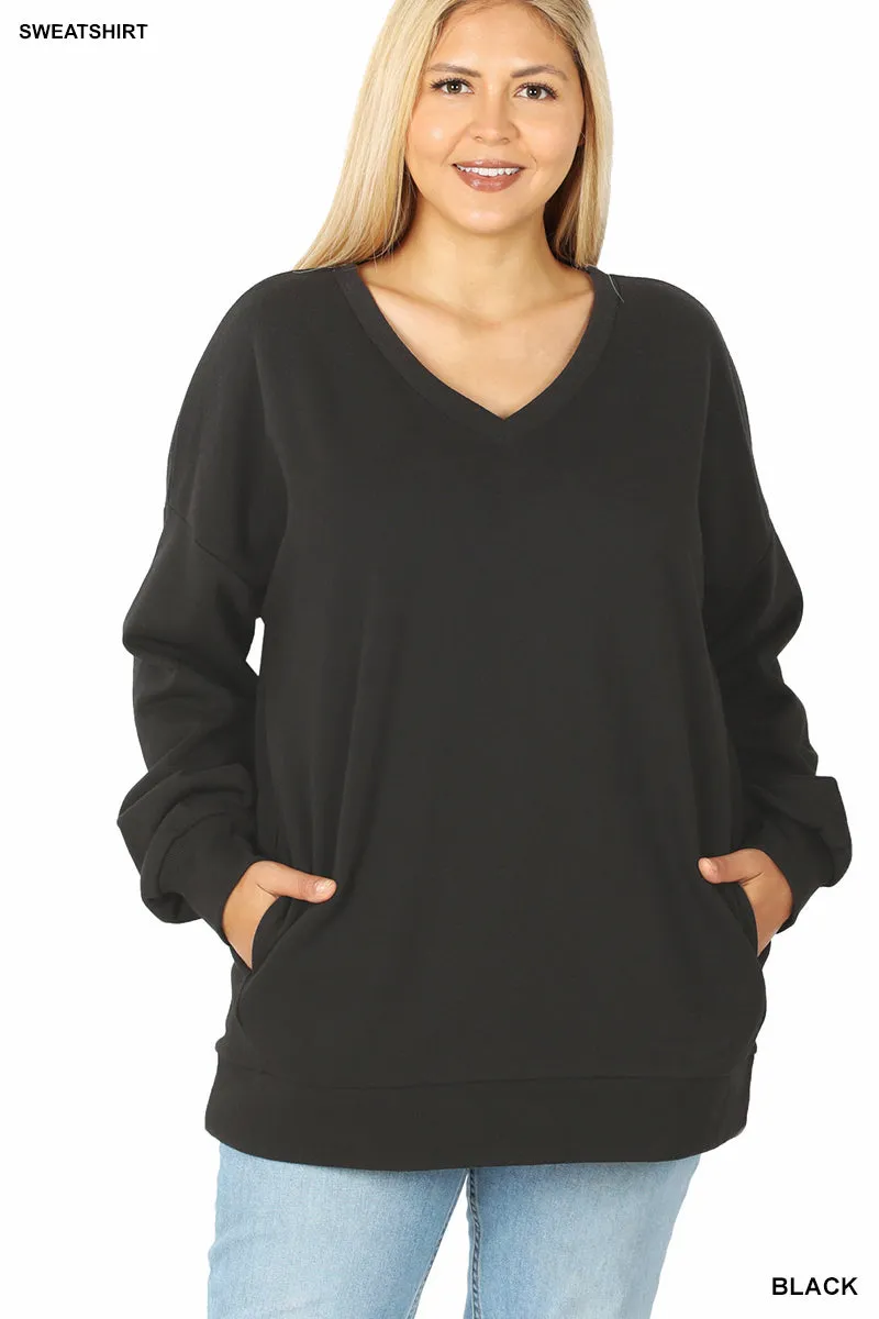 Plus Size Basic Relaxed Long Sleeve V-Neck Sweatshirts w/Side Pockets