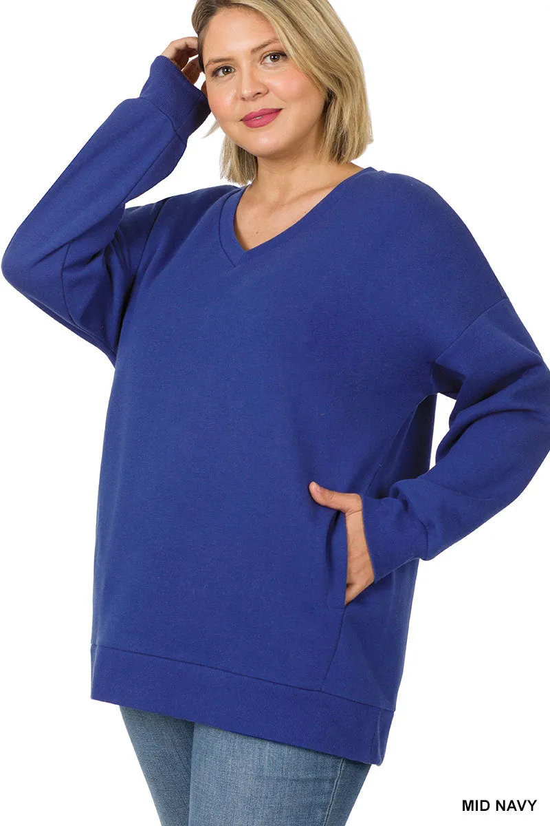 Plus Size Basic Relaxed Long Sleeve V-Neck Sweatshirts w/Side Pockets