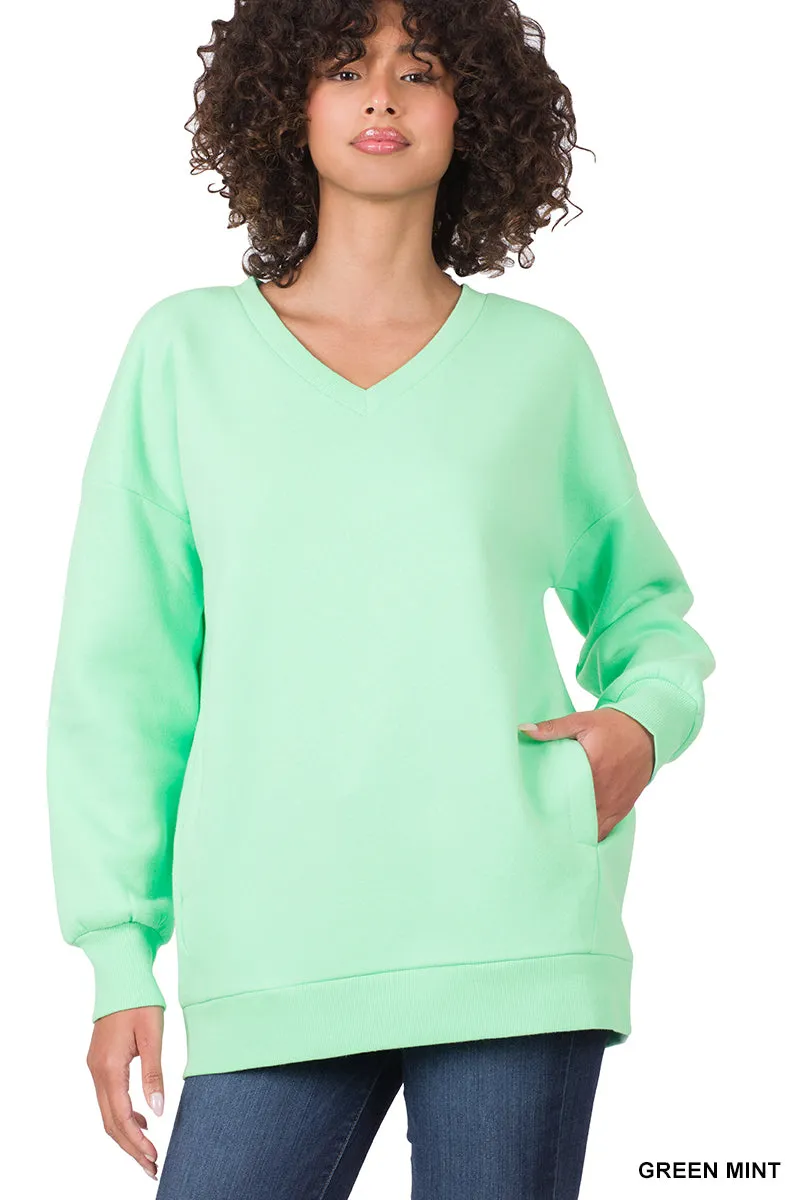 Plus Size Basic Relaxed Long Sleeve V-Neck Sweatshirts w/Side Pockets