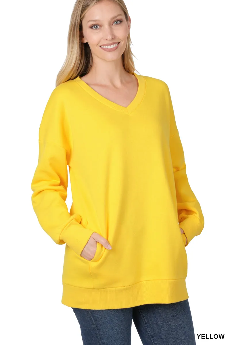 Plus Size Basic Relaxed Long Sleeve V-Neck Sweatshirts w/Side Pockets