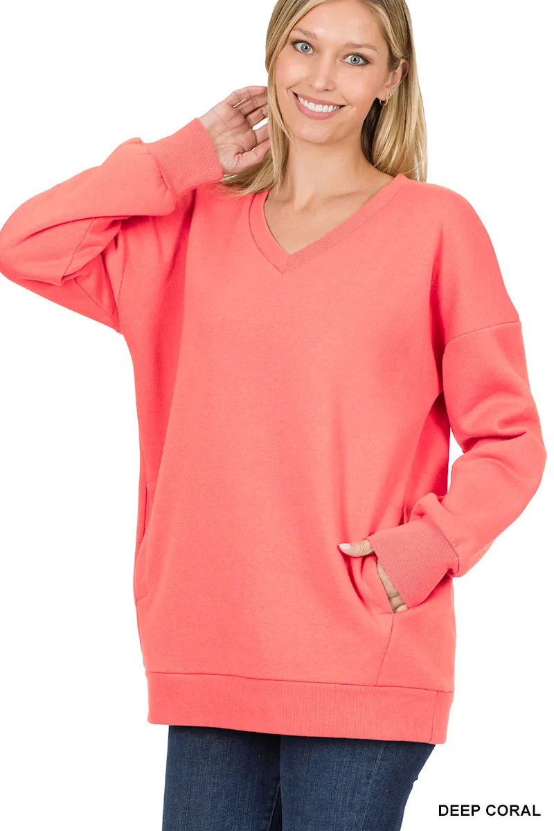 Plus Size Basic Relaxed Long Sleeve V-Neck Sweatshirts w/Side Pockets