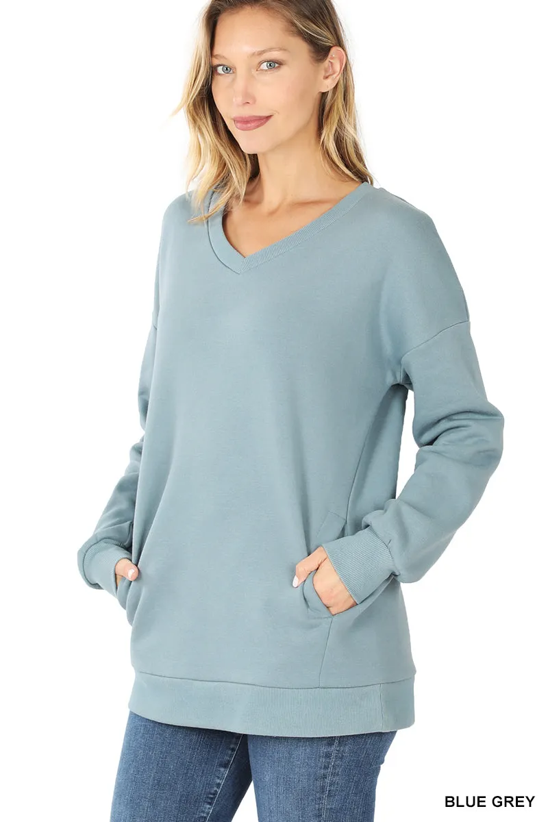 Plus Size Basic Relaxed Long Sleeve V-Neck Sweatshirts w/Side Pockets