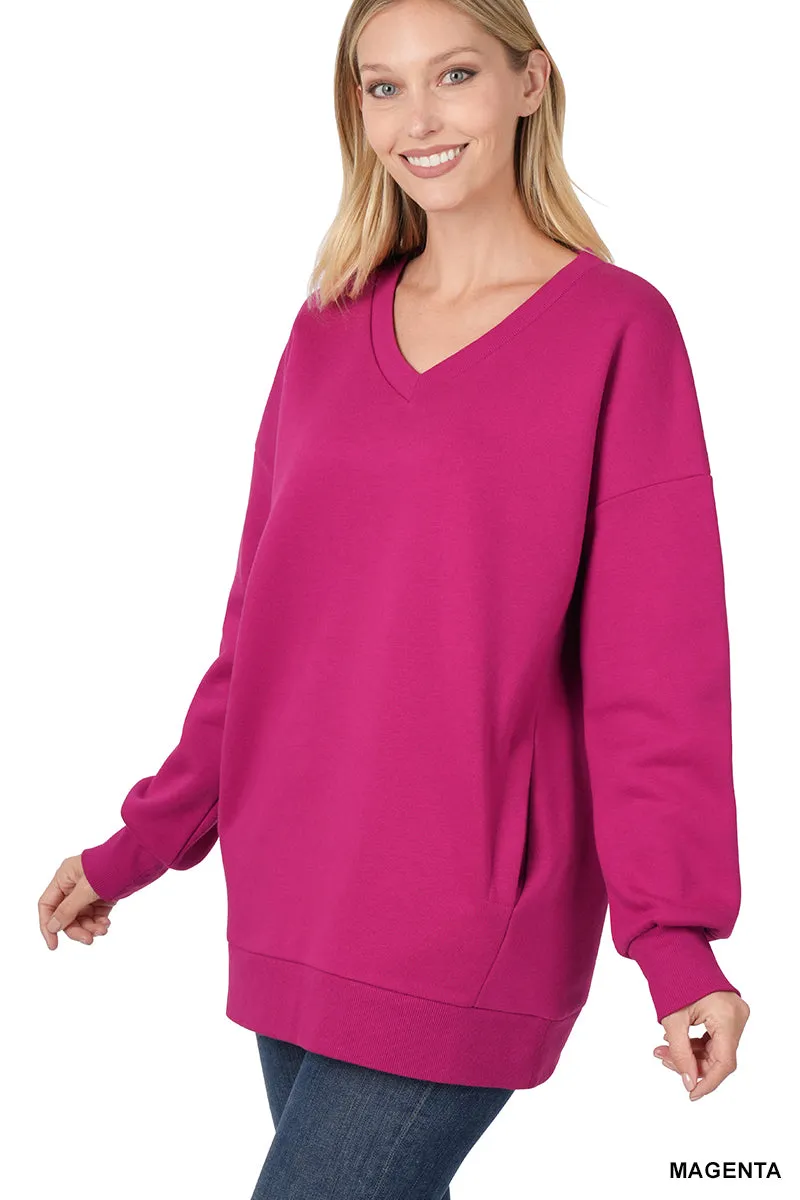 Plus Size Basic Relaxed Long Sleeve V-Neck Sweatshirts w/Side Pockets