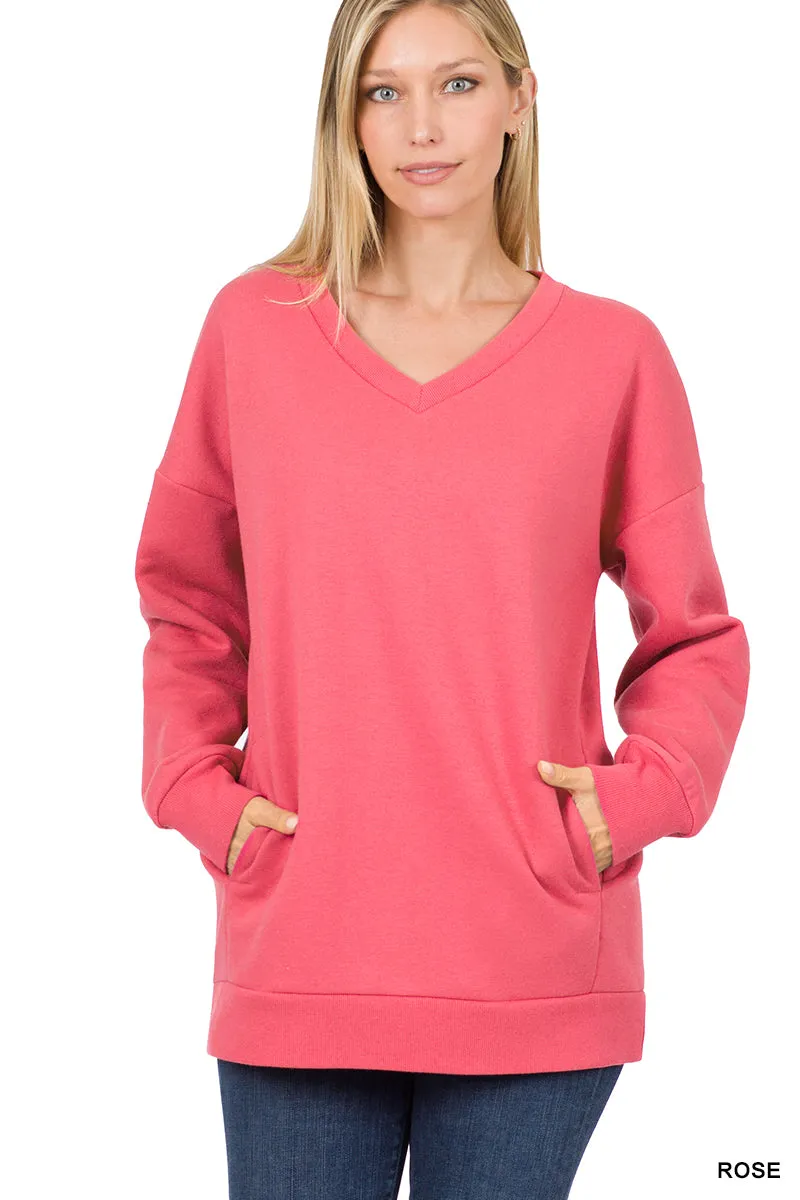 Plus Size Basic Relaxed Long Sleeve V-Neck Sweatshirts w/Side Pockets