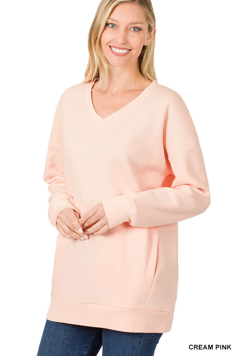 Plus Size Basic Relaxed Long Sleeve V-Neck Sweatshirts w/Side Pockets