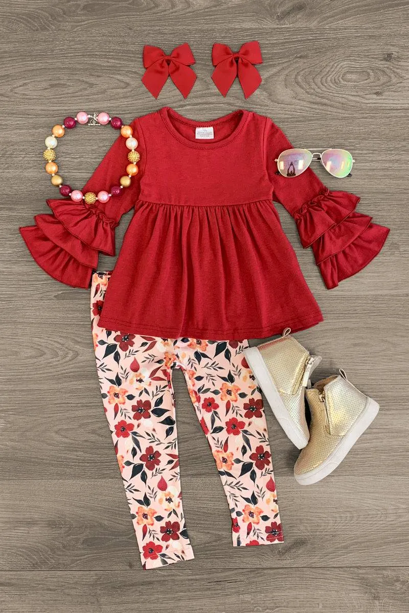 Red Ruffle Fall Floral Legging Set