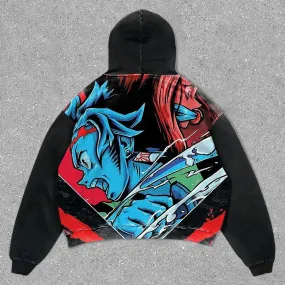 Relaxed Anime Print Preppy Hoodie