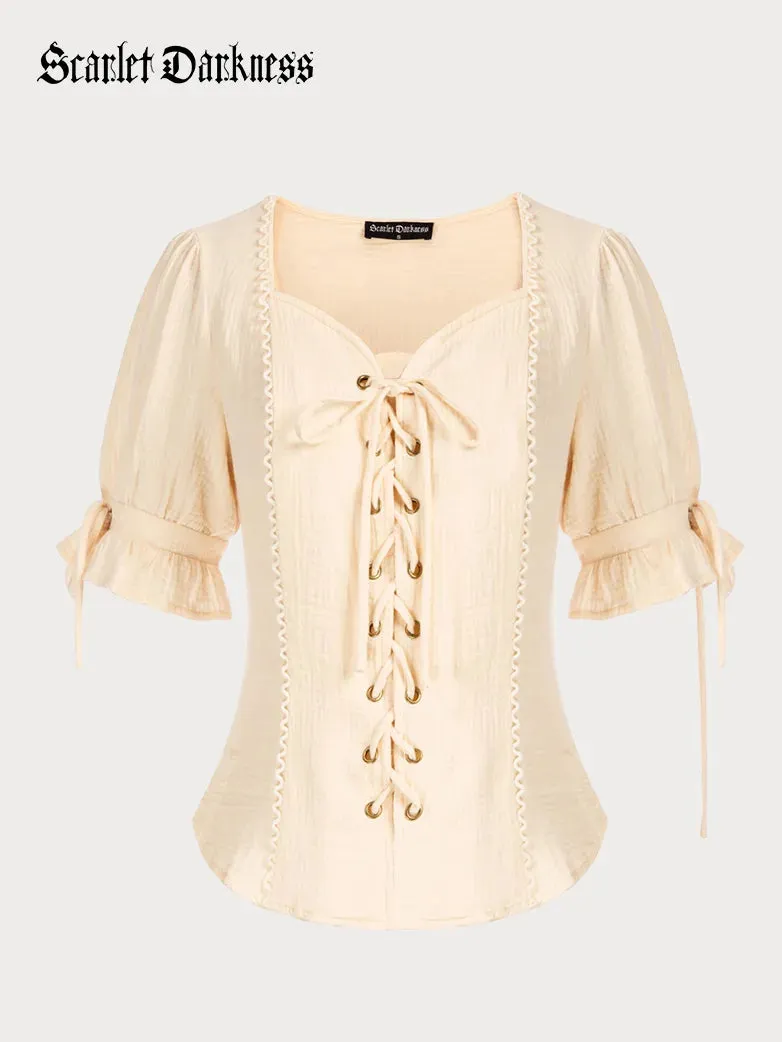 Sweetheart Collar Comfy Cotton Lacing Tops