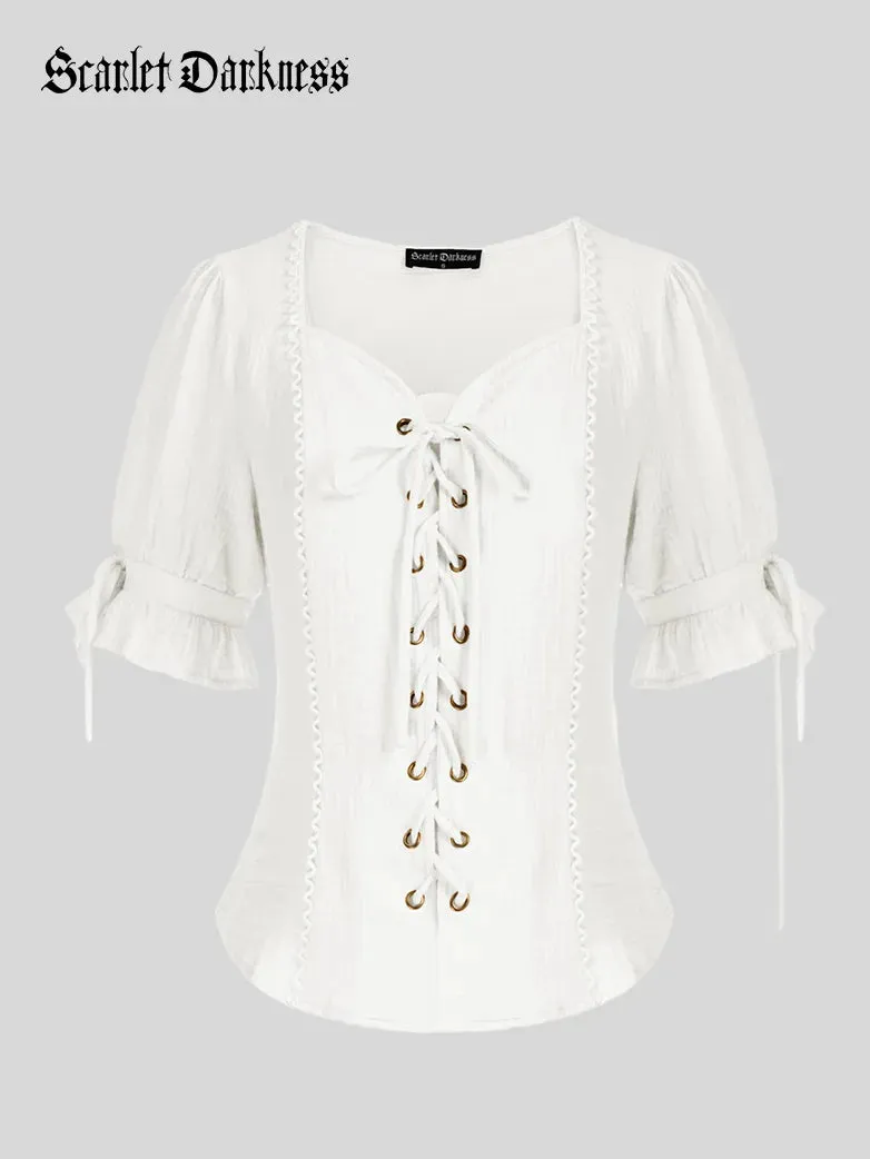 Sweetheart Collar Comfy Cotton Lacing Tops