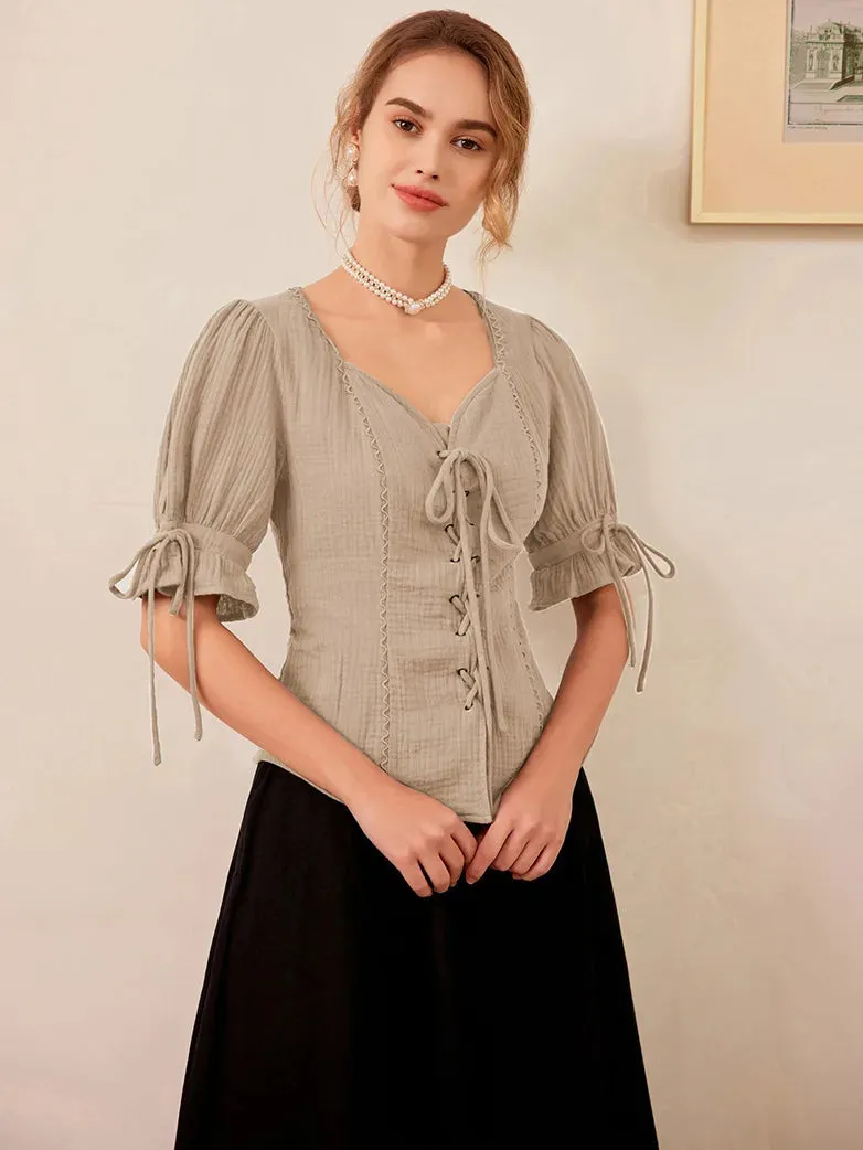 Sweetheart Collar Comfy Cotton Lacing Tops