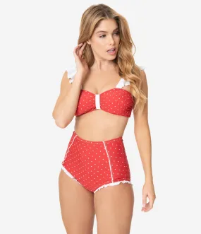 Unique Vintage Red & White Pin Dot Ruffle Crystal Cove Bandeau Bikini Top