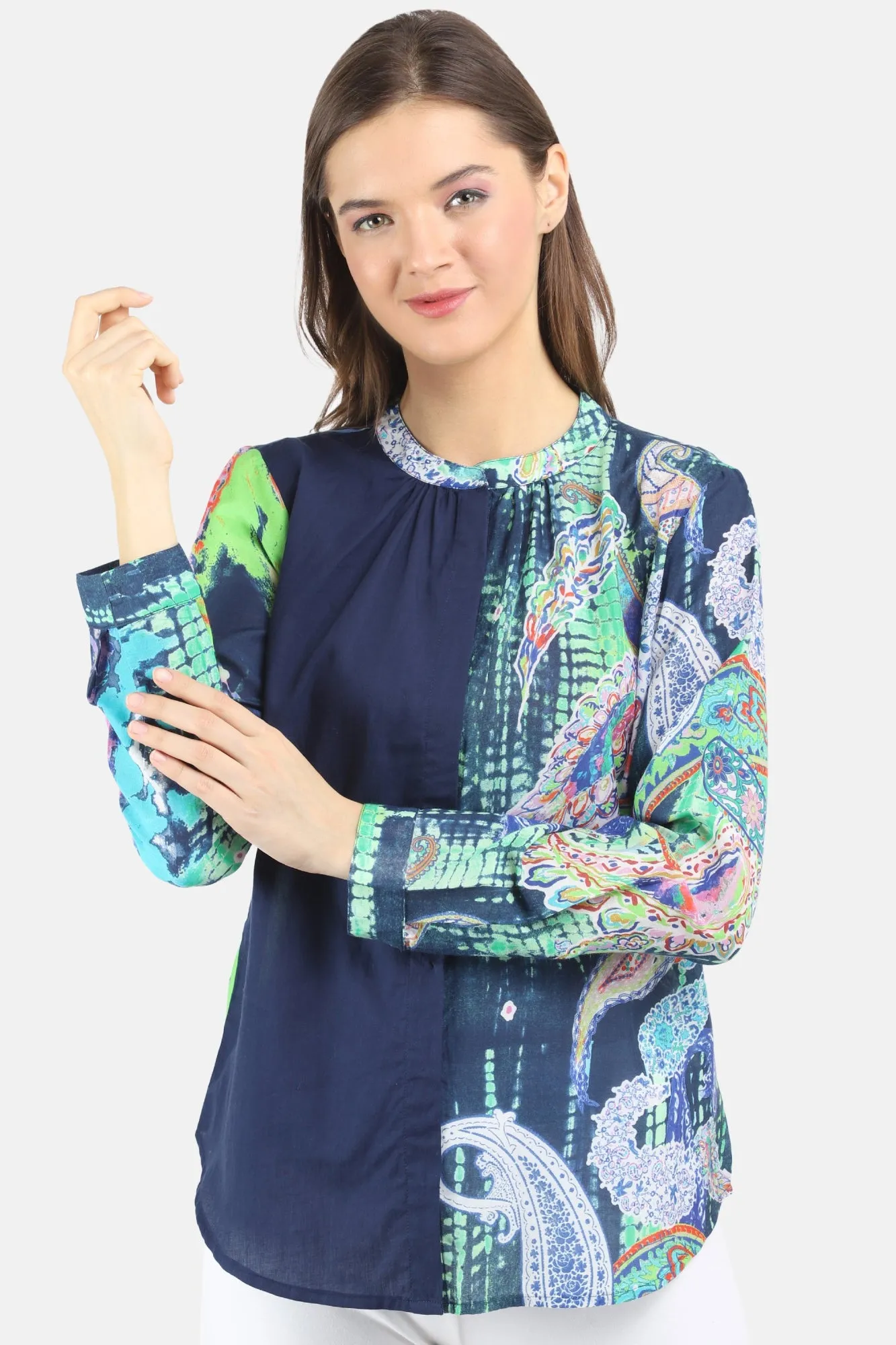 Women's blue printed silk cotton top