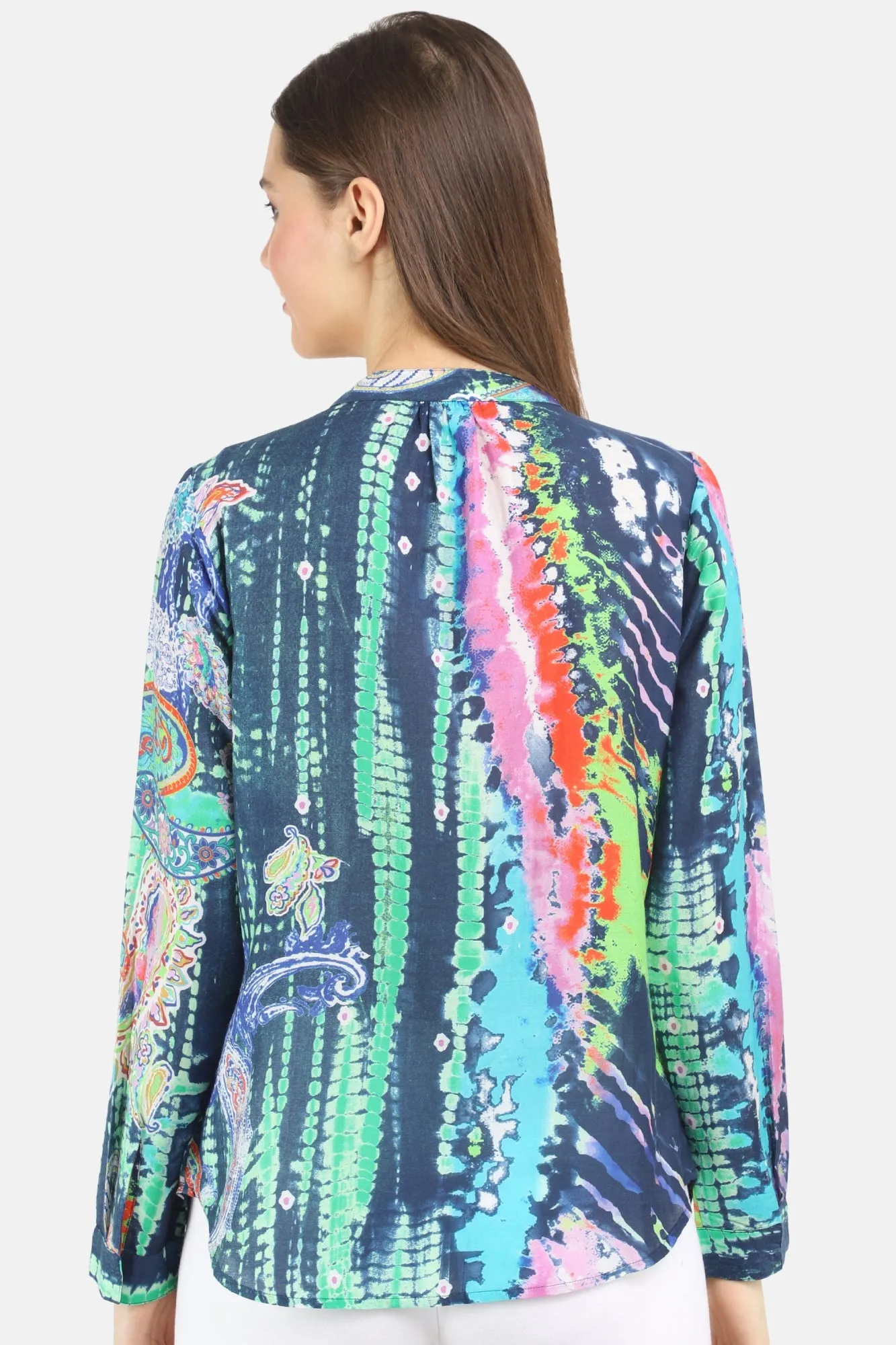 Women's blue printed silk cotton top