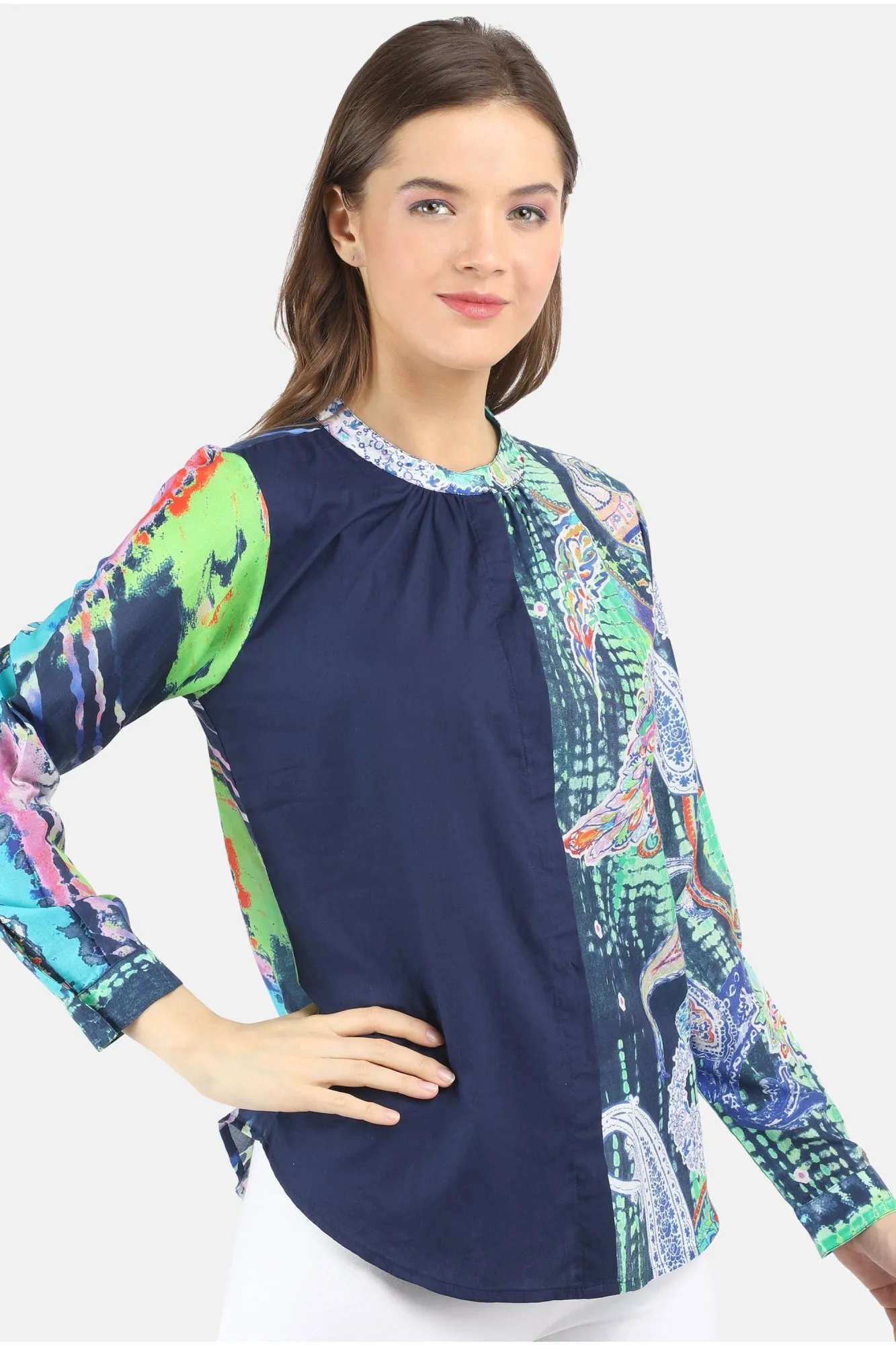 Women's blue printed silk cotton top