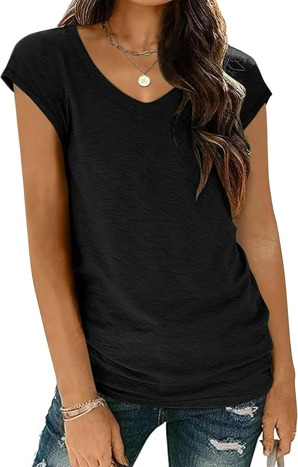 Zeagoo Womens Tops Cap Sleeve T Shirts V Neck Basic Tees Tops